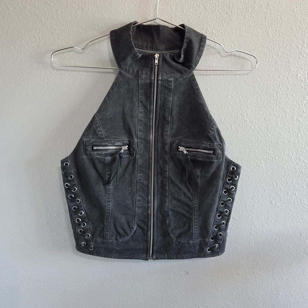 With Jean Brax Top Washed Black Denim Halter Vest Full Zip XS NWT